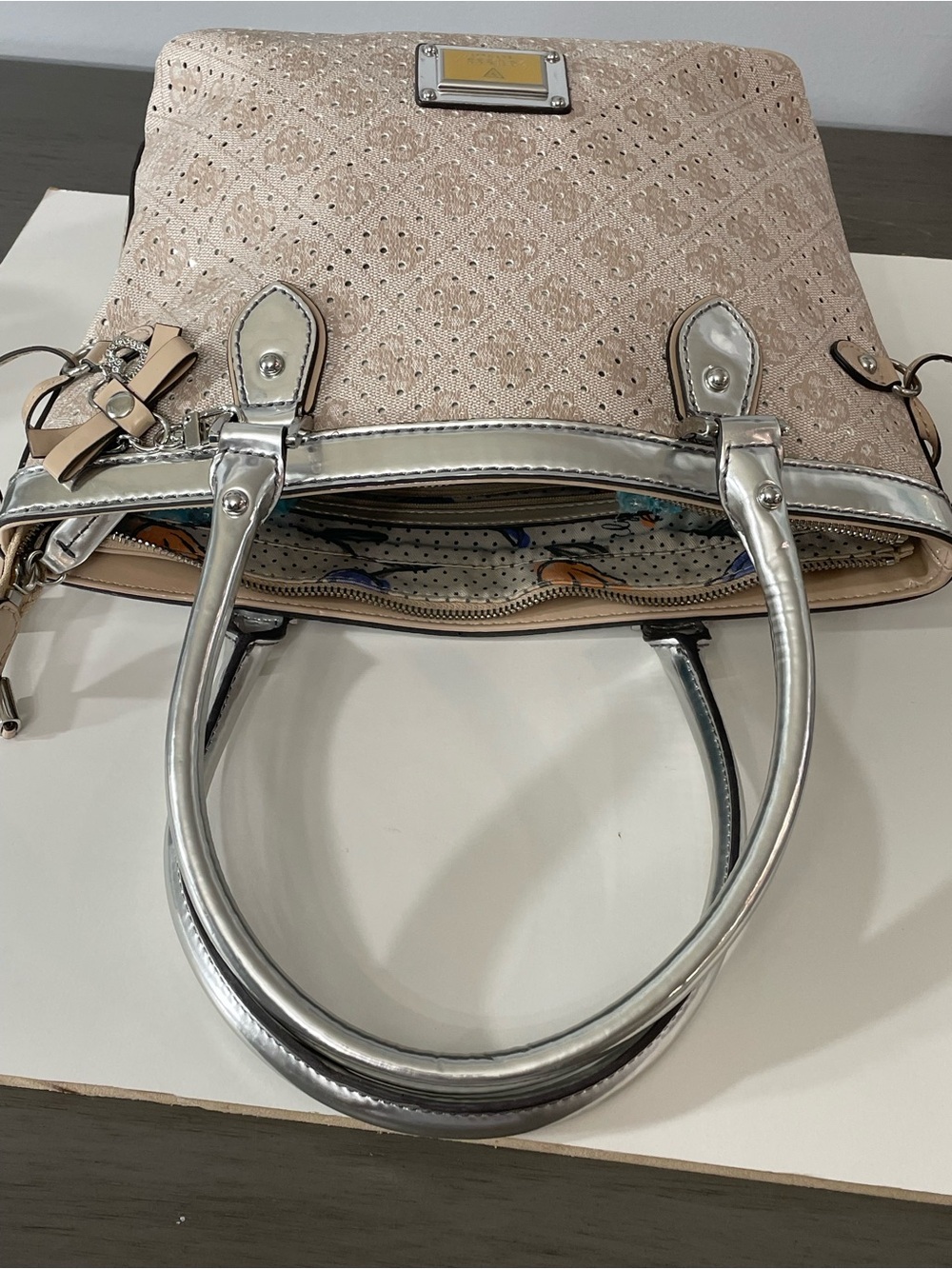 Guess Beige and Silver Tote Handbag - Designer-Inspired Women Bag - Picture 11 of 13